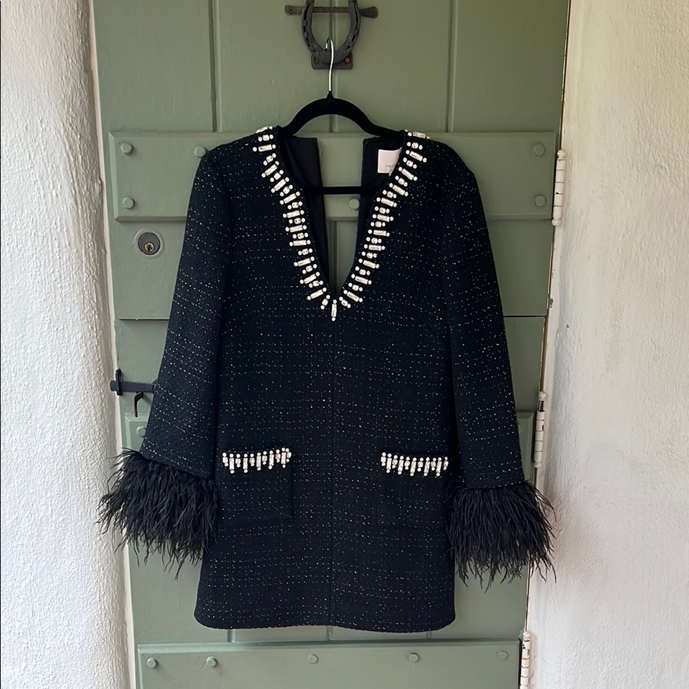 Cinq à Sept Black Mini Kas Boucle Dress with rhinestones & feathers - NWT